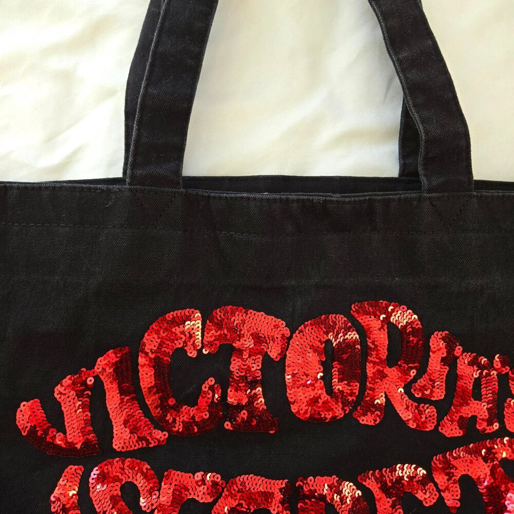 Victorias Secret Tote Bag 2000's Y2K Size XL Black Canvas Red Sequin Lip Design - Picture 9 of 9